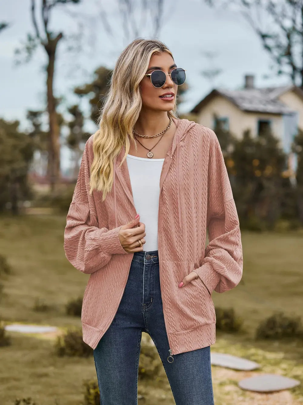 Zip Up Drawstring Long Sleeve Hooded Jacket – Casual Lightweight Layer
